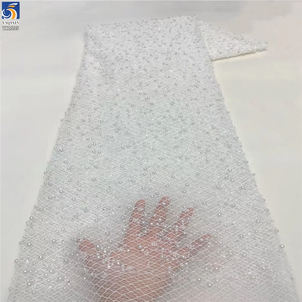 YX1535 Custom Heavy 3D Pearl Beaded Sequin Mesh Lace Fabric 400gsm Decorative Tulle Material for Bridal Wedding Dresses...