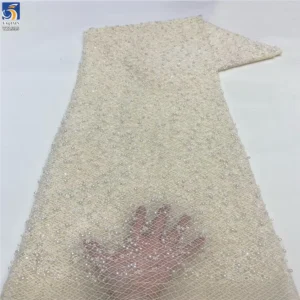 YX1535 Custom Heavy 3D Pearl Beaded Sequin Mesh Lace Fabric 400gsm Decorative Tulle Material for Bridal Wedding Dresses...