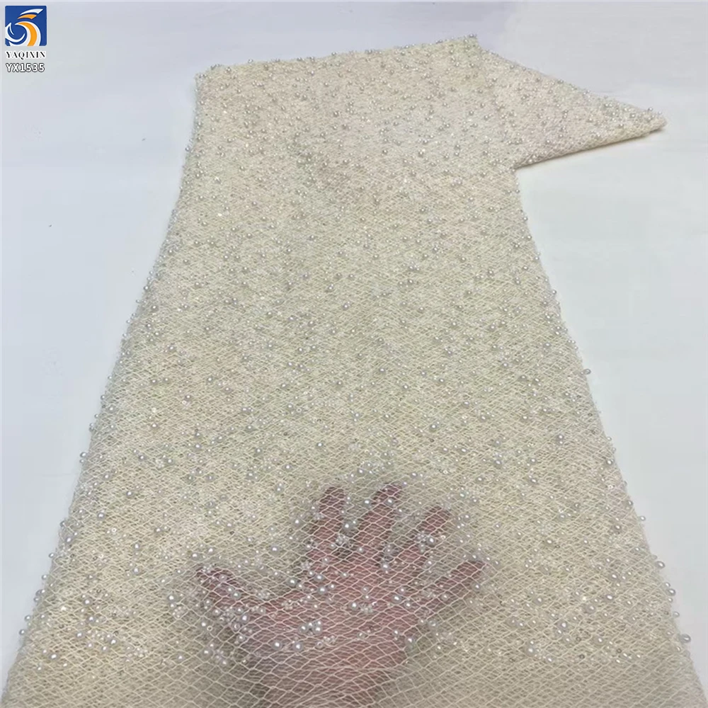 YX1535 Custom Heavy 3D Pearl Beaded Sequin Mesh Lace Fabric 400gsm Decorative Tulle Material for Bridal Wedding Dresses...