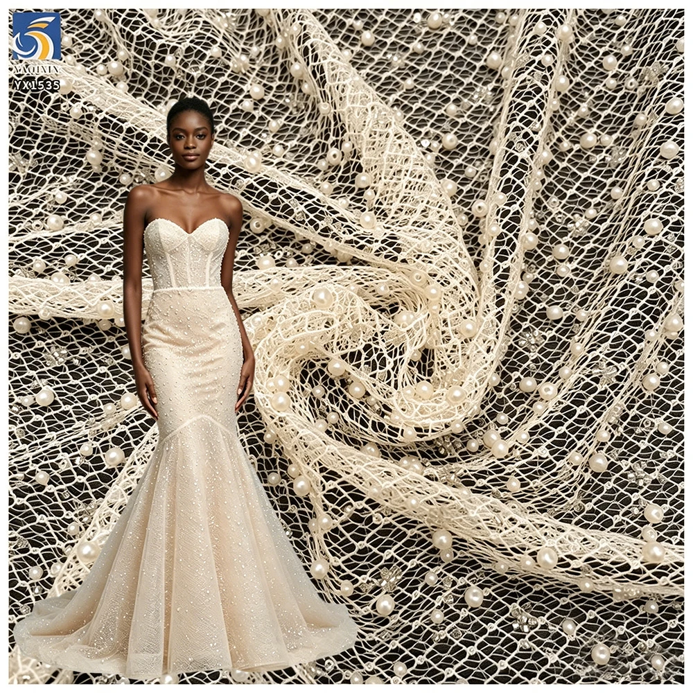 YX1535 Custom Heavy 3D Pearl Beaded Sequin Mesh Lace Fabric 400gsm Decorative Tulle Material for Bridal Wedding Dresses...