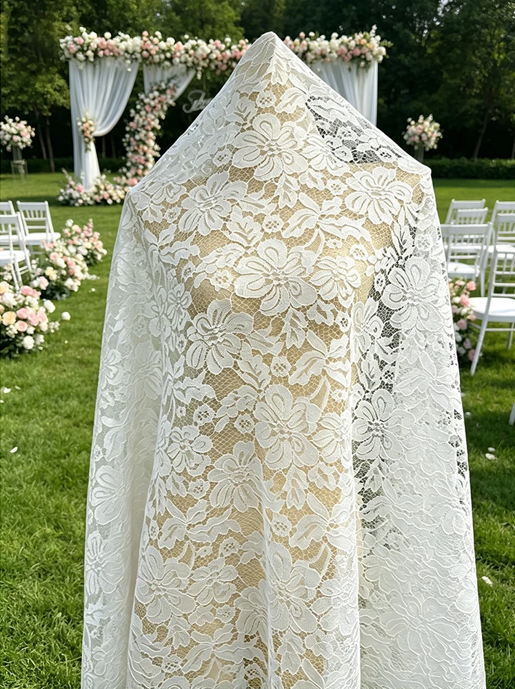 YX1537 Large Floral Corded Lace Fabric 120GSM Non Stretch Polyester Warp Knit Material for Wedding Dresses - 100% Polyester...