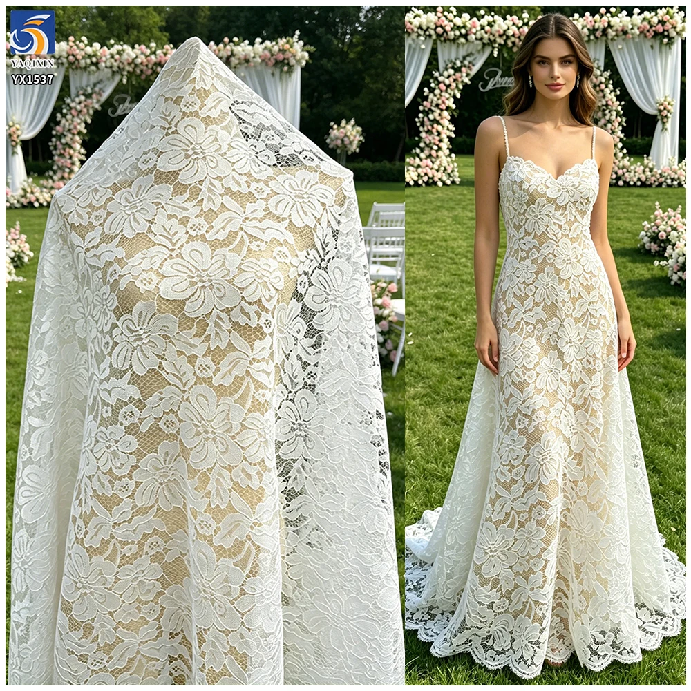 YX1537 Large Floral Corded Lace Fabric 120GSM Non Stretch Polyester Warp Knit Material for Wedding Dresses - 100% Polyester...