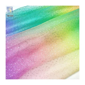 YX154 Pastel Rainbow Colour Stripe Gradient Fabric Mesh Ombre 100% Polyester Tulle Rainbow Fabric With Glitter Dust - 100%...