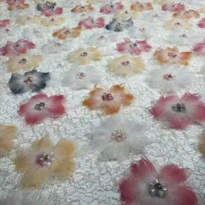 YX1541 3D Multicolor Floral Embroidered Mesh Fabric With Pearl Beads for Evening Dresses and Women's Fashion - 100%...