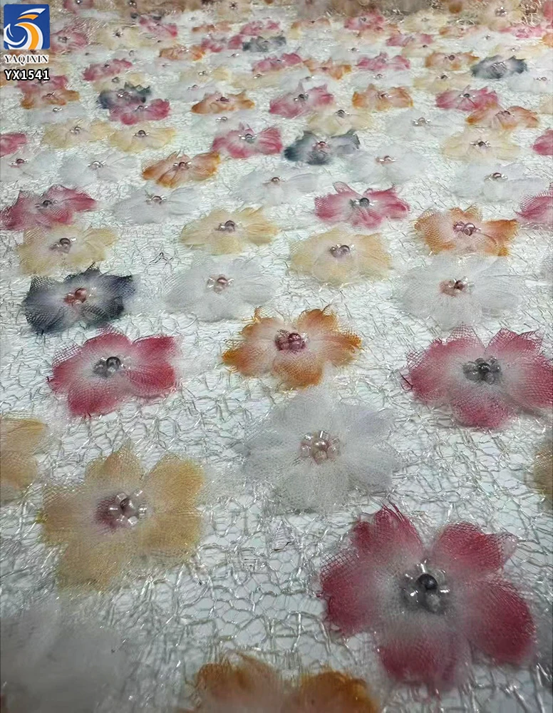 YX1541 3D Multicolor Floral Embroidered Mesh Fabric With Pearl Beads for Evening Dresses and Women's Fashion - 100%...