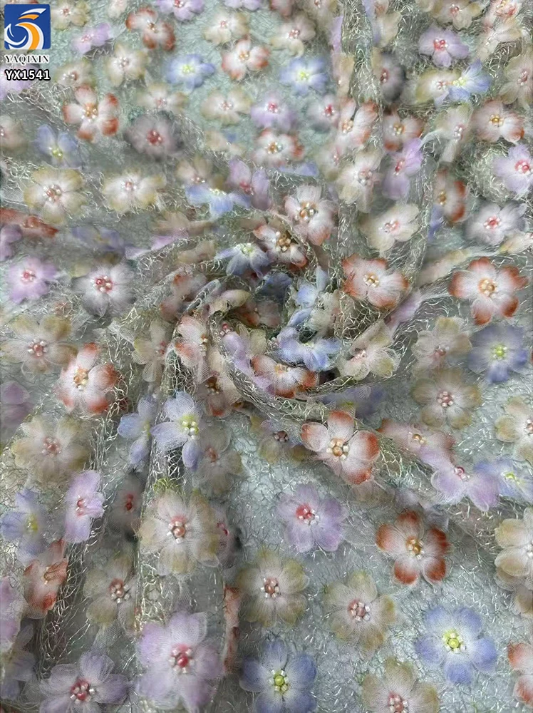YX1541 3D Multicolor Floral Embroidered Mesh Fabric With Pearl Beads for Evening Dresses and Women's Fashion - 100%...