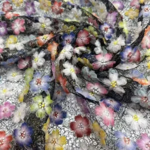 YX1541 3D Multicolor Floral Embroidered Mesh Fabric With Pearl Beads for Evening Dresses and Women's Fashion - 100%...