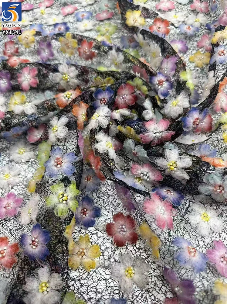 YX1541 3D Multicolor Floral Embroidered Mesh Fabric With Pearl Beads for Evening Dresses and Women's Fashion - 100%...