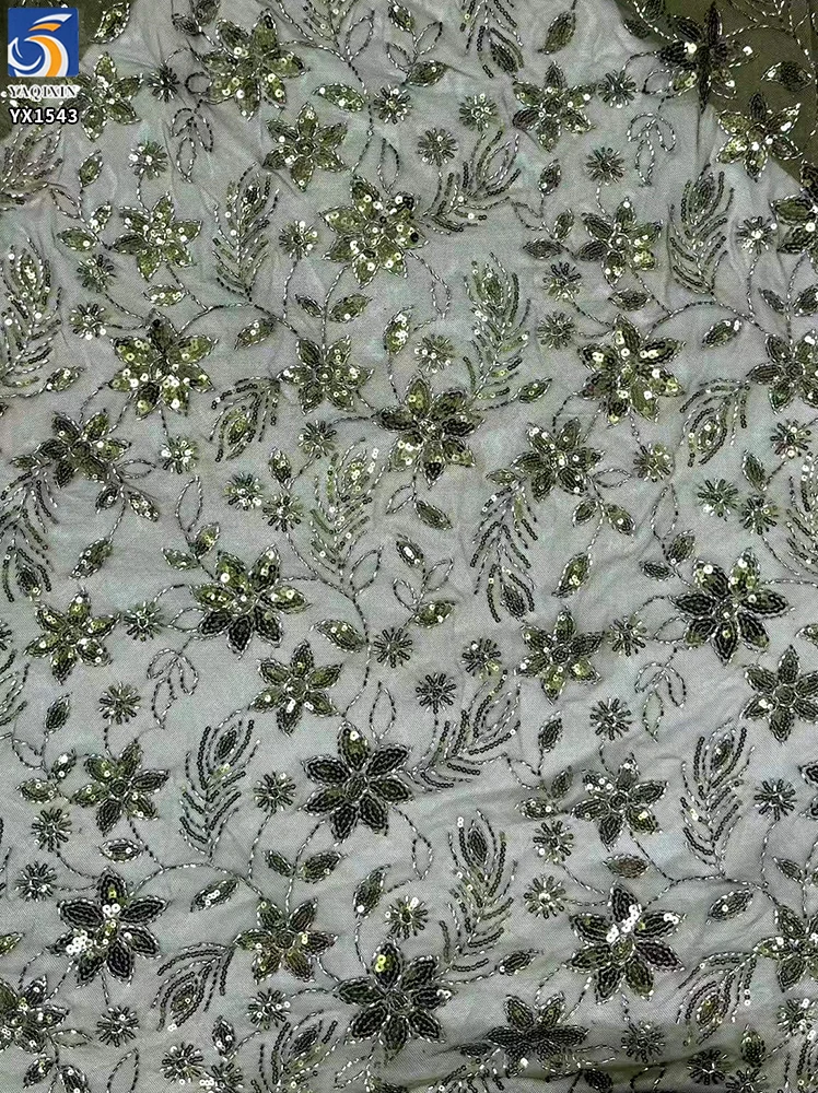 YX1543 Leaf and Floral Sequin Embroidered Mesh Fabric 130CM Wide for Evening Dresses and Women's Fashion - 100% Polyester...