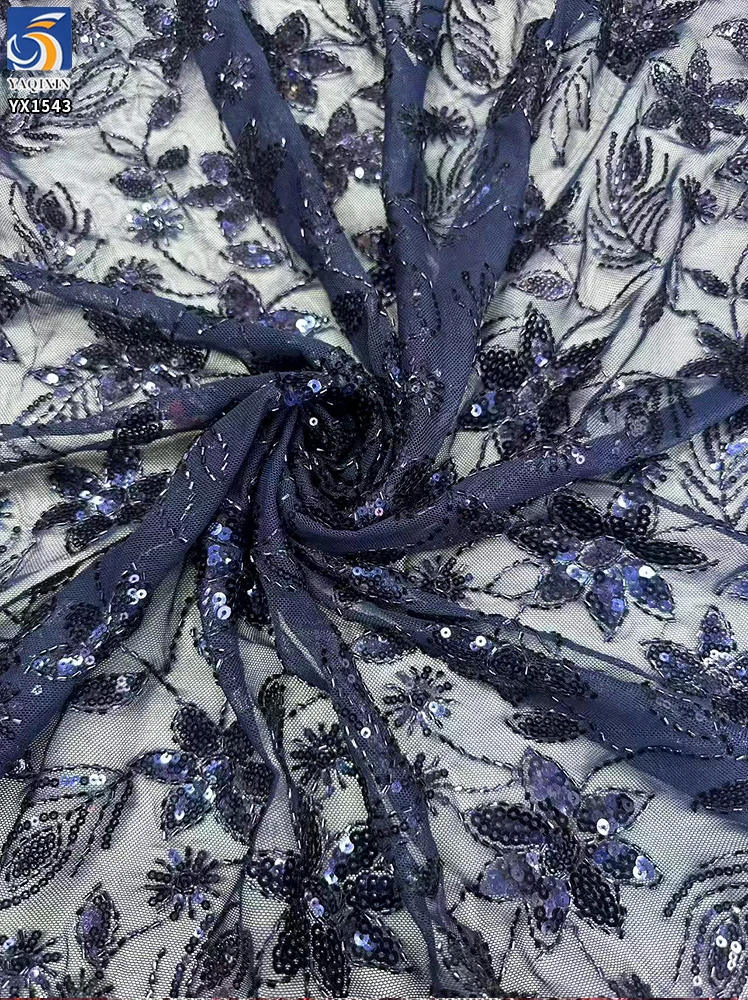 YX1543 Leaf and Floral Sequin Embroidered Mesh Fabric 130CM Wide for Evening Dresses and Women's Fashion - 100% Polyester...