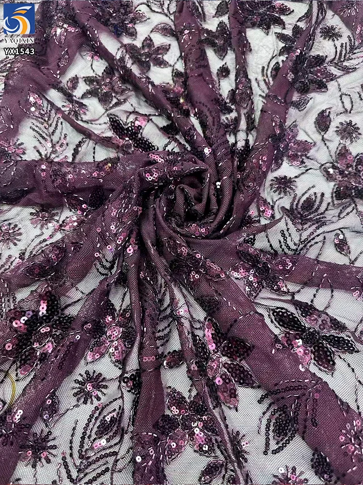 YX1543 Leaf and Floral Sequin Embroidered Mesh Fabric 130CM Wide for Evening Dresses and Women's Fashion - 100% Polyester...