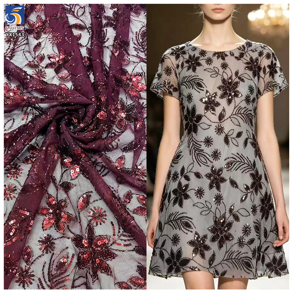 YX1543 Leaf and Floral Sequin Embroidered Mesh Fabric 130CM Wide for Evening Dresses and Women's Fashion - 100% Polyester...