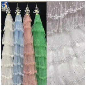 YX1546 3D Floral Beaded Tiered Ruffle Tulle Fabric With Sequins for Bridal Wedding Dresses - 100% Polyester, 500 gsm, 130...