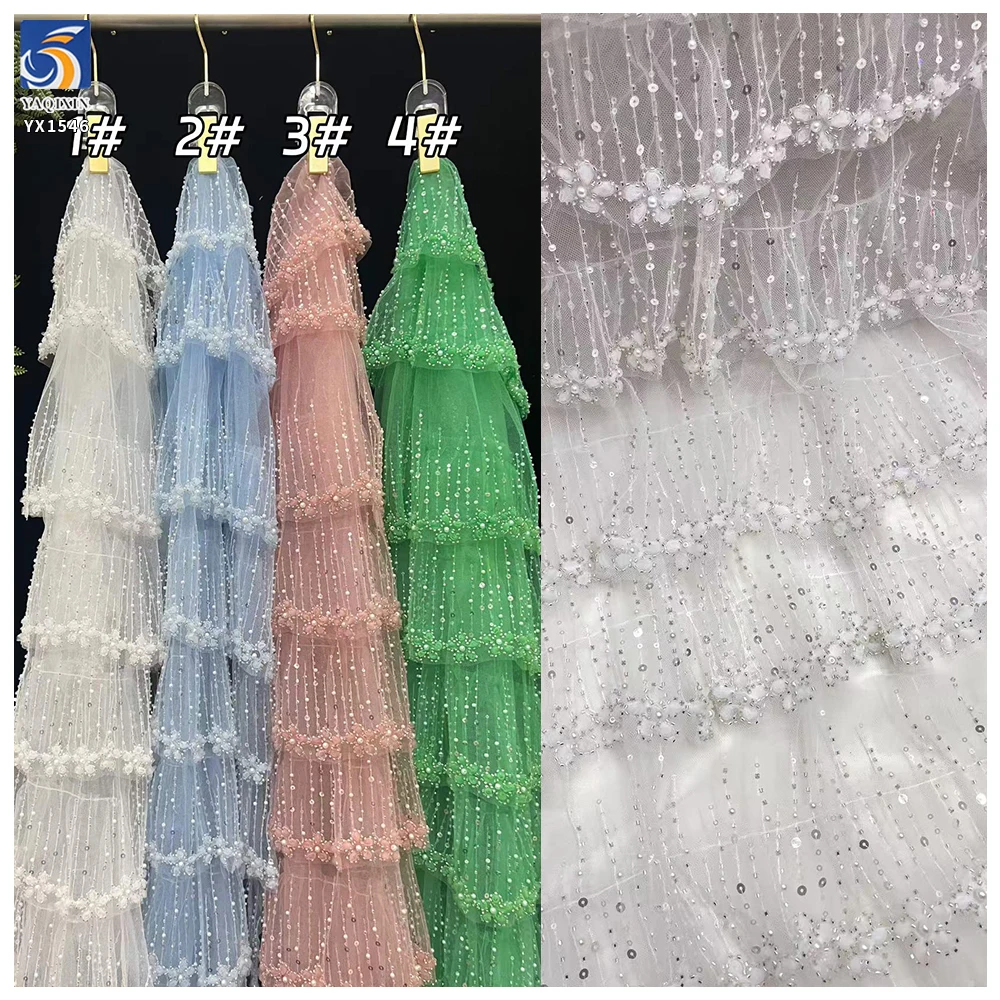 YX1546 3D Floral Beaded Tiered Ruffle Tulle Fabric With Sequins for Bridal Wedding Dresses - 100% Polyester, 500 gsm, 130...