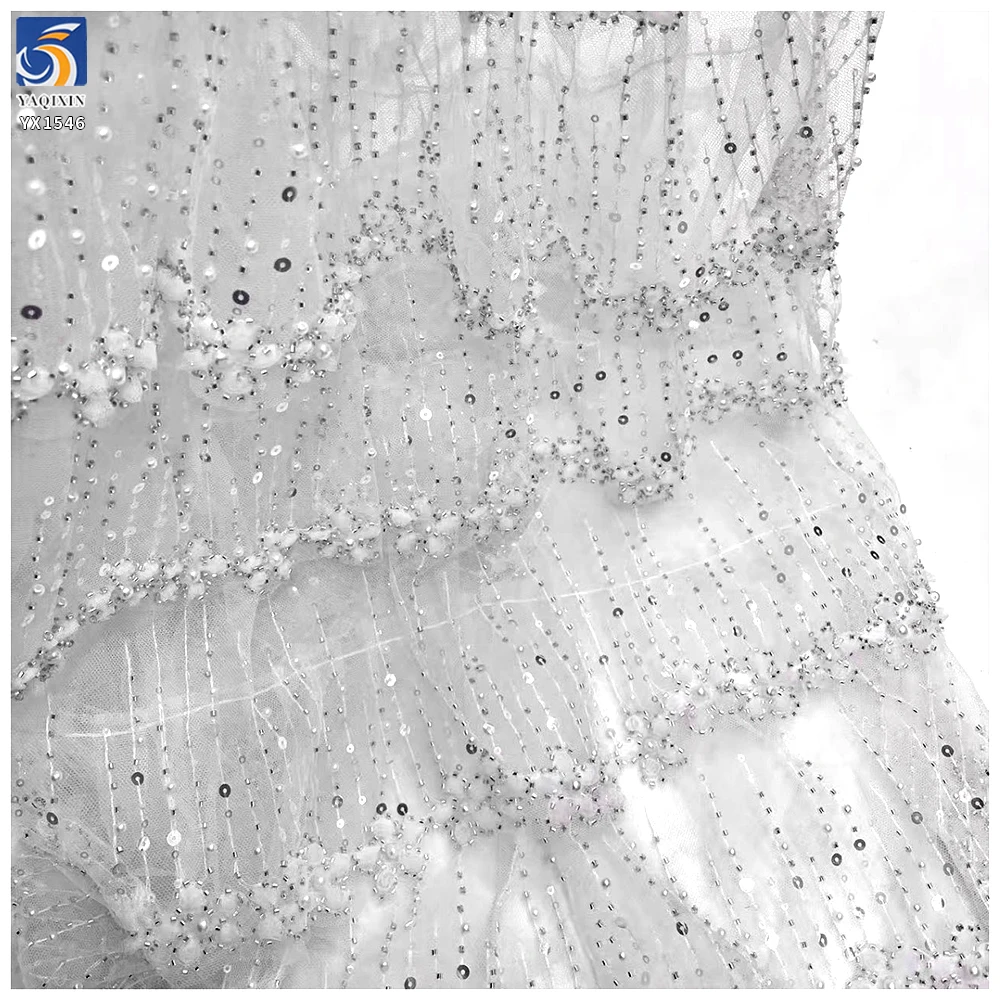 YX1546 3D Floral Beaded Tiered Ruffle Tulle Fabric With Sequins for Bridal Wedding Dresses - 100% Polyester, 500 gsm, 130...