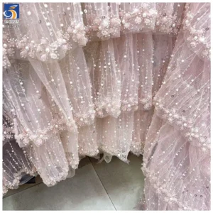 YX1546 3D Floral Beaded Tiered Ruffle Tulle Fabric With Sequins for Bridal Wedding Dresses - 100% Polyester, 500 gsm, 130...