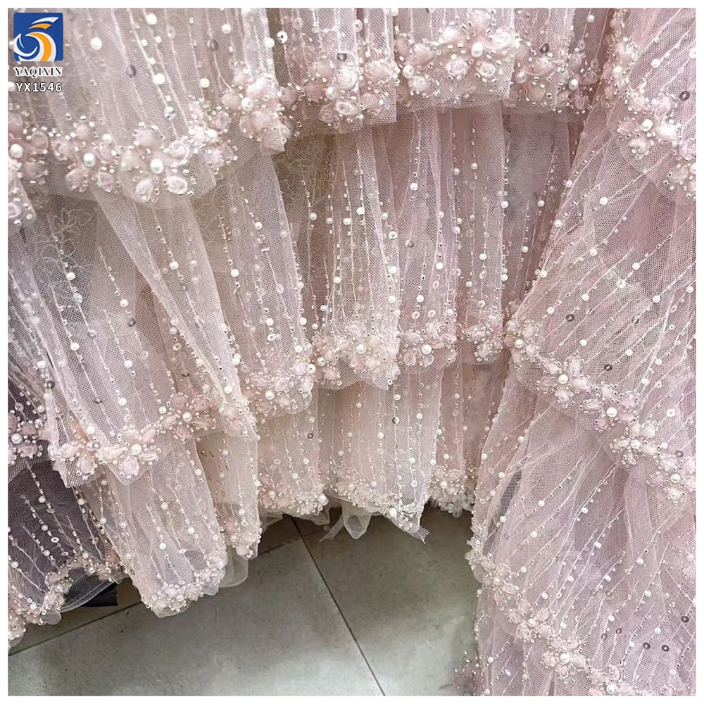 YX1546 3D Floral Beaded Tiered Ruffle Tulle Fabric With Sequins for Bridal Wedding Dresses - 100% Polyester, 500 gsm, 130...