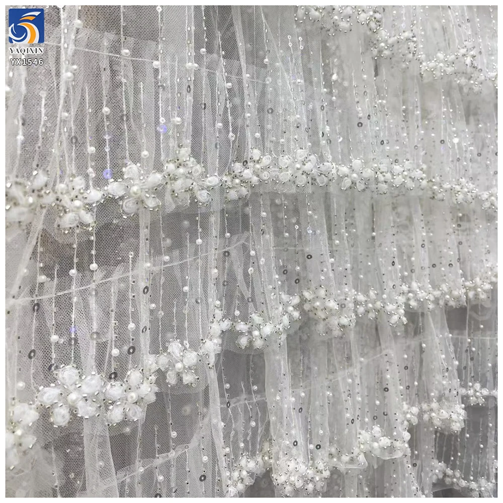 YX1546 3D Floral Beaded Tiered Ruffle Tulle Fabric With Sequins for Bridal Wedding Dresses - 100% Polyester, 500 gsm, 130...