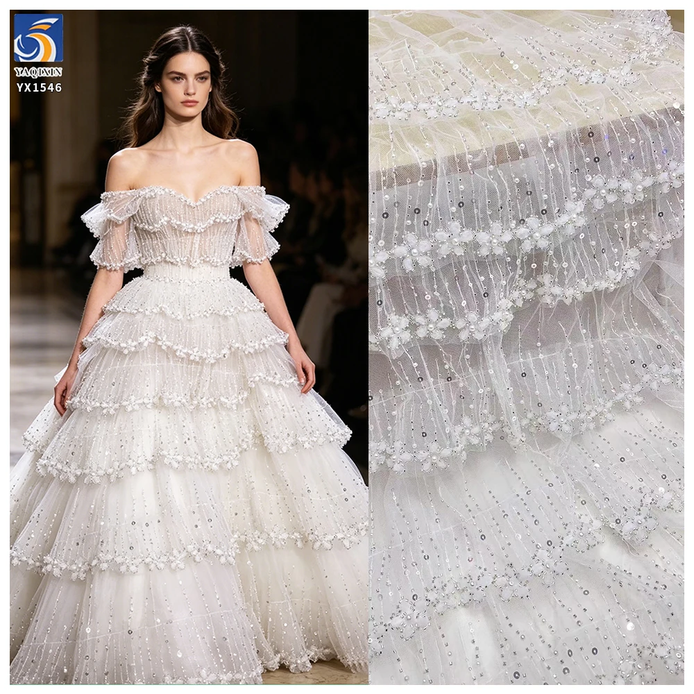 YX1546 3D Floral Beaded Tiered Ruffle Tulle Fabric With Sequins for Bridal Wedding Dresses - 100% Polyester, 500 gsm, 130...