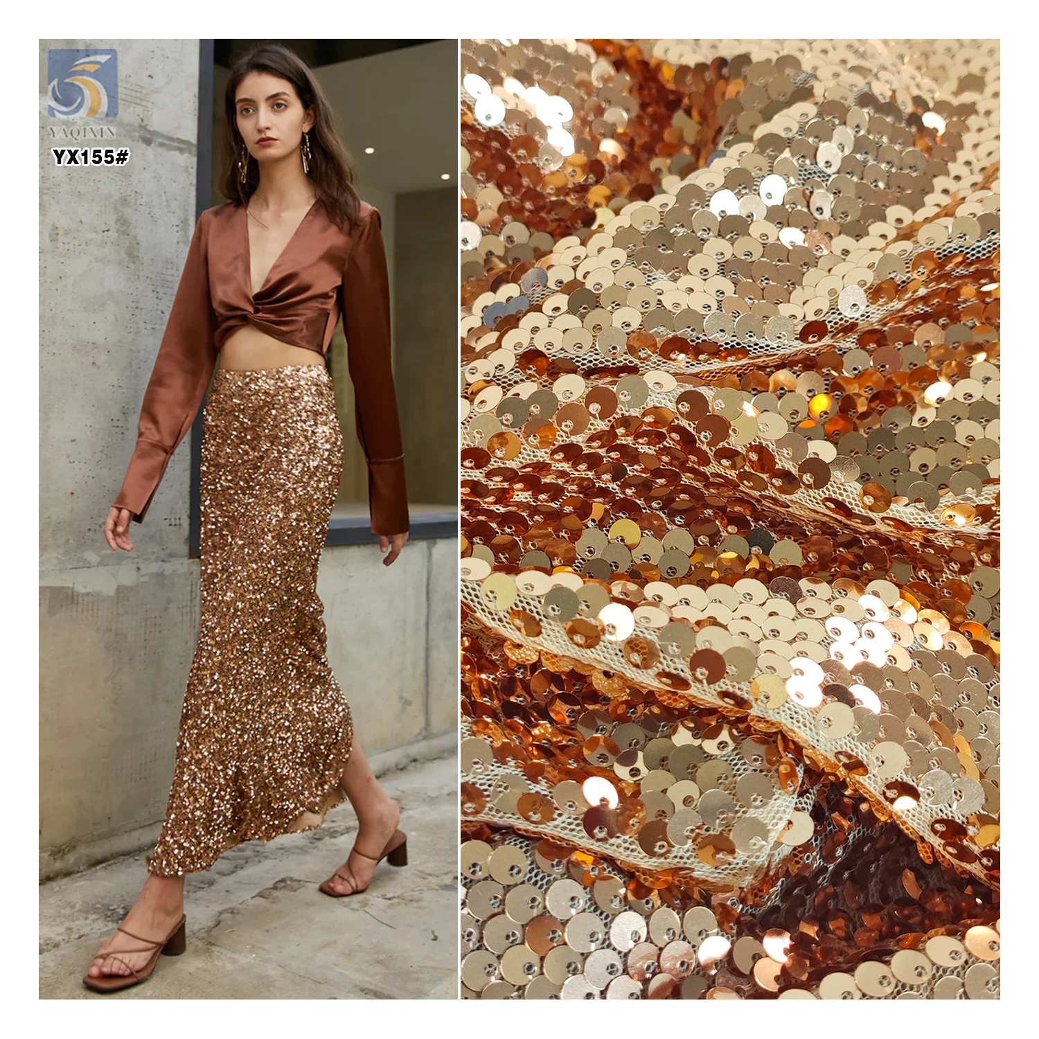 YX155 Good Quality Price 5mm Sequin Mesh Fabric Knit Paillettes Rose Gold Sequins Fabric - Polyester, Metallic, 500 gsm, 130...