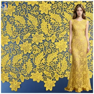 YX1550 Yellow Large Flower Embroidery Lace Fabric 150GSM Openwork Material for Evening Dresses and Gowns