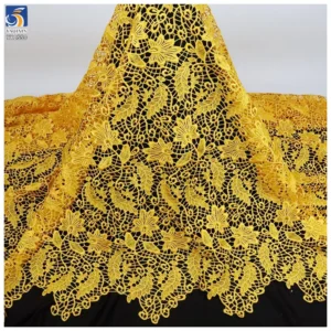 YX1550 Yellow Large Flower Embroidery Lace Fabric 150GSM Openwork Material for Evening Dresses and Gowns - 100% Polyester...