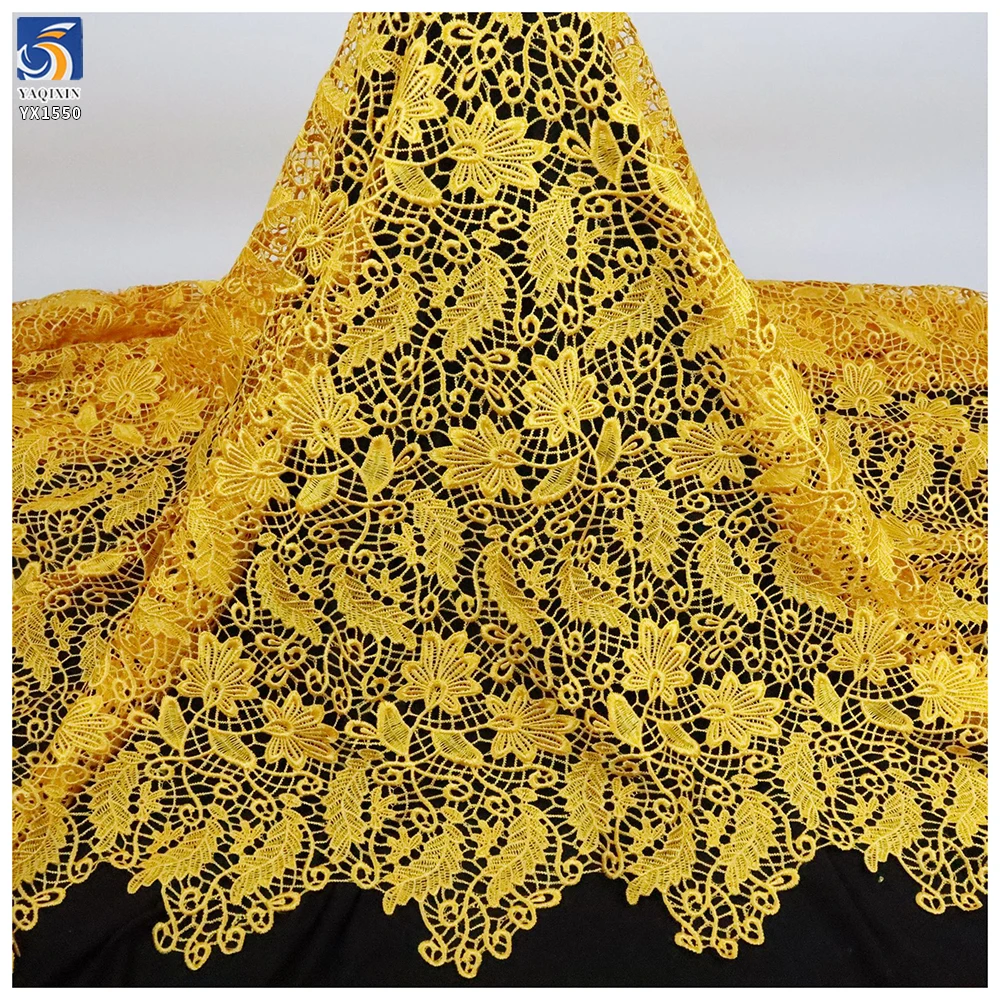 YX1550 Yellow Large Flower Embroidery Lace Fabric 150GSM Openwork Material for Evening Dresses and Gowns - 100% Polyester...