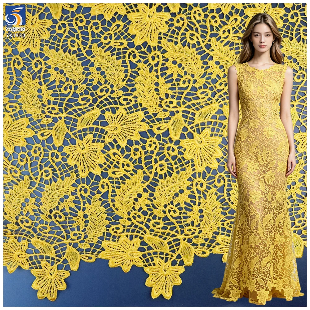 YX1550 Yellow Large Flower Embroidery Lace Fabric 150GSM Openwork Material for Evening Dresses and Gowns - 100% Polyester...