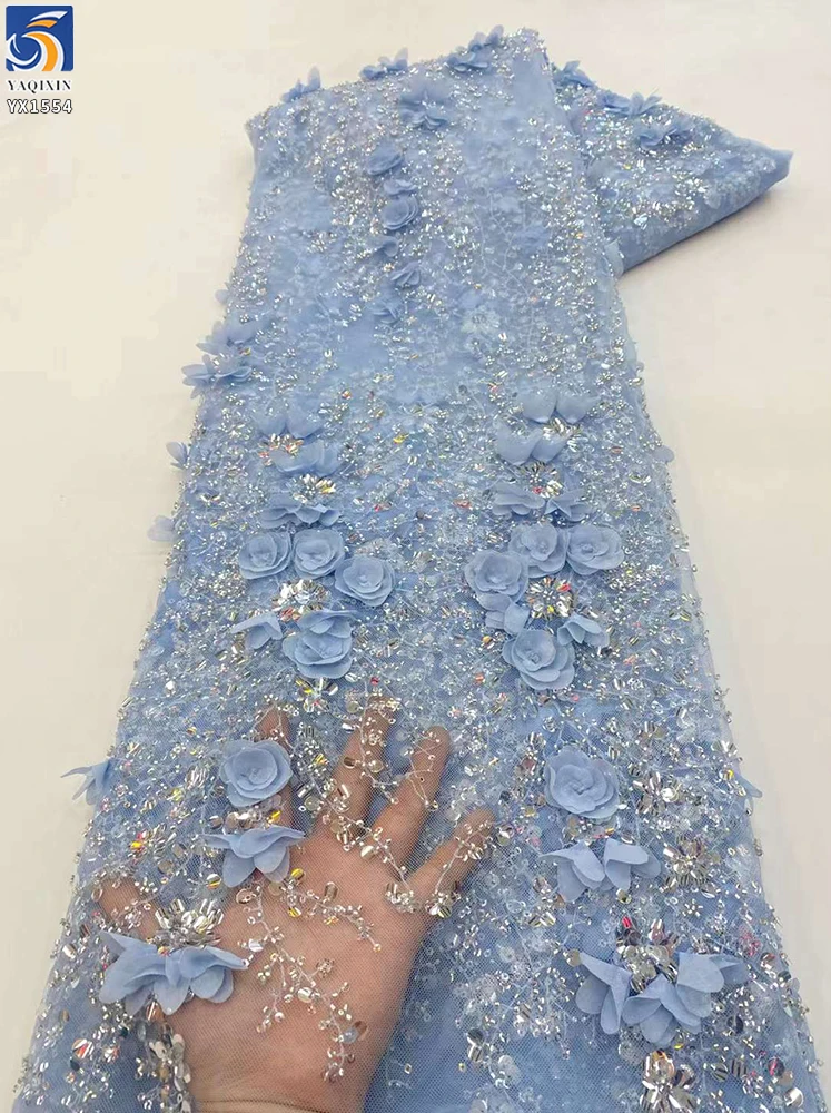 YX1554 400gsm 3D Floral Beaded Glitter Sequin Embroidered Mesh Fabric for Bridal Wedding Dresses and Evening Gowns...