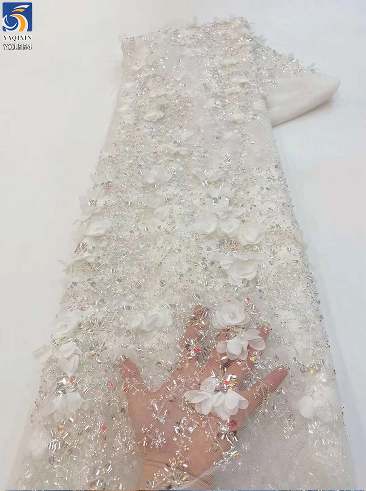 YX1554 400gsm 3D Floral Beaded Glitter Sequin Embroidered Mesh Fabric for Bridal Wedding Dresses and Evening Gowns...