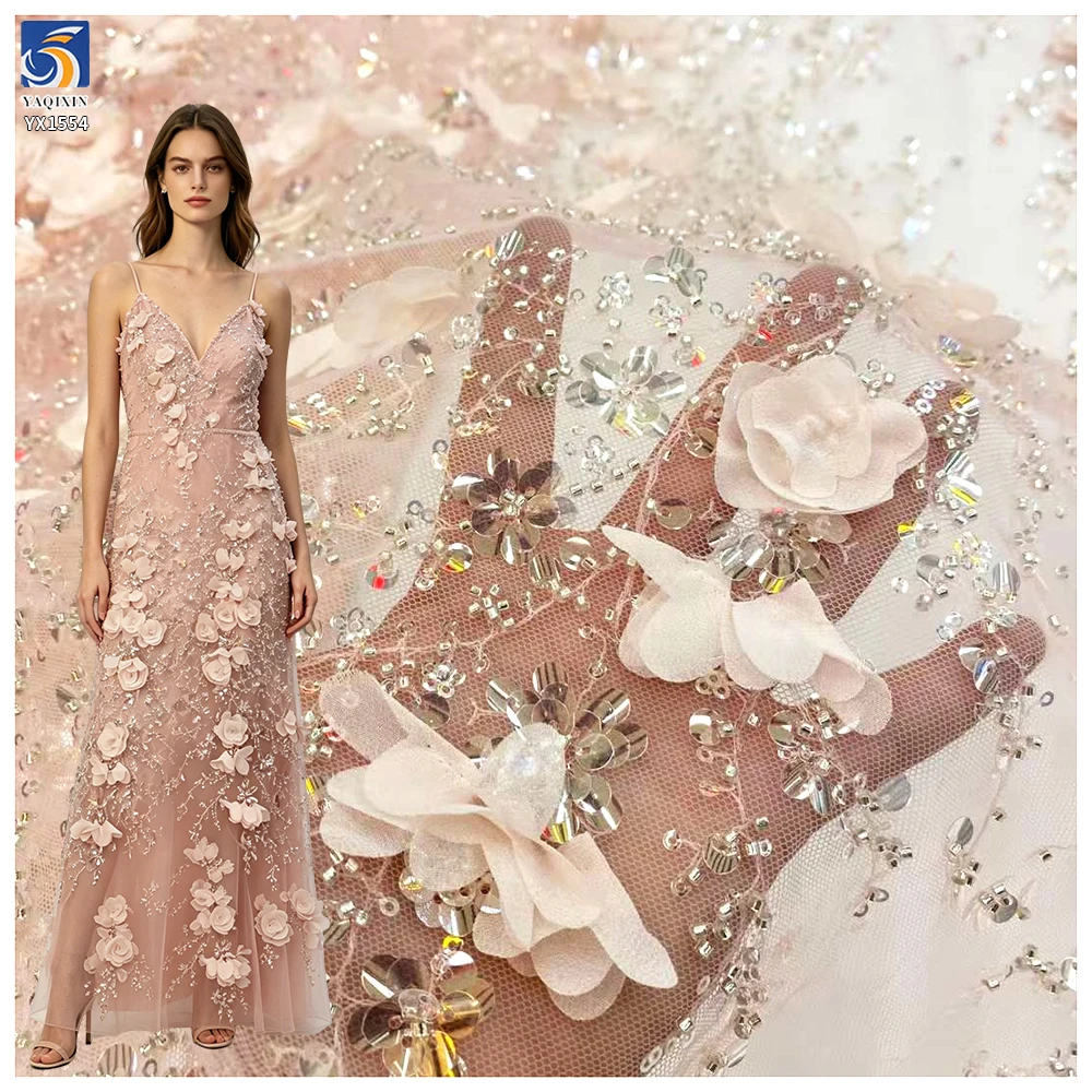 YX1554 400gsm 3D Floral Beaded Glitter Sequin Embroidered Mesh Fabric for Bridal Wedding Dresses and Evening Gowns...