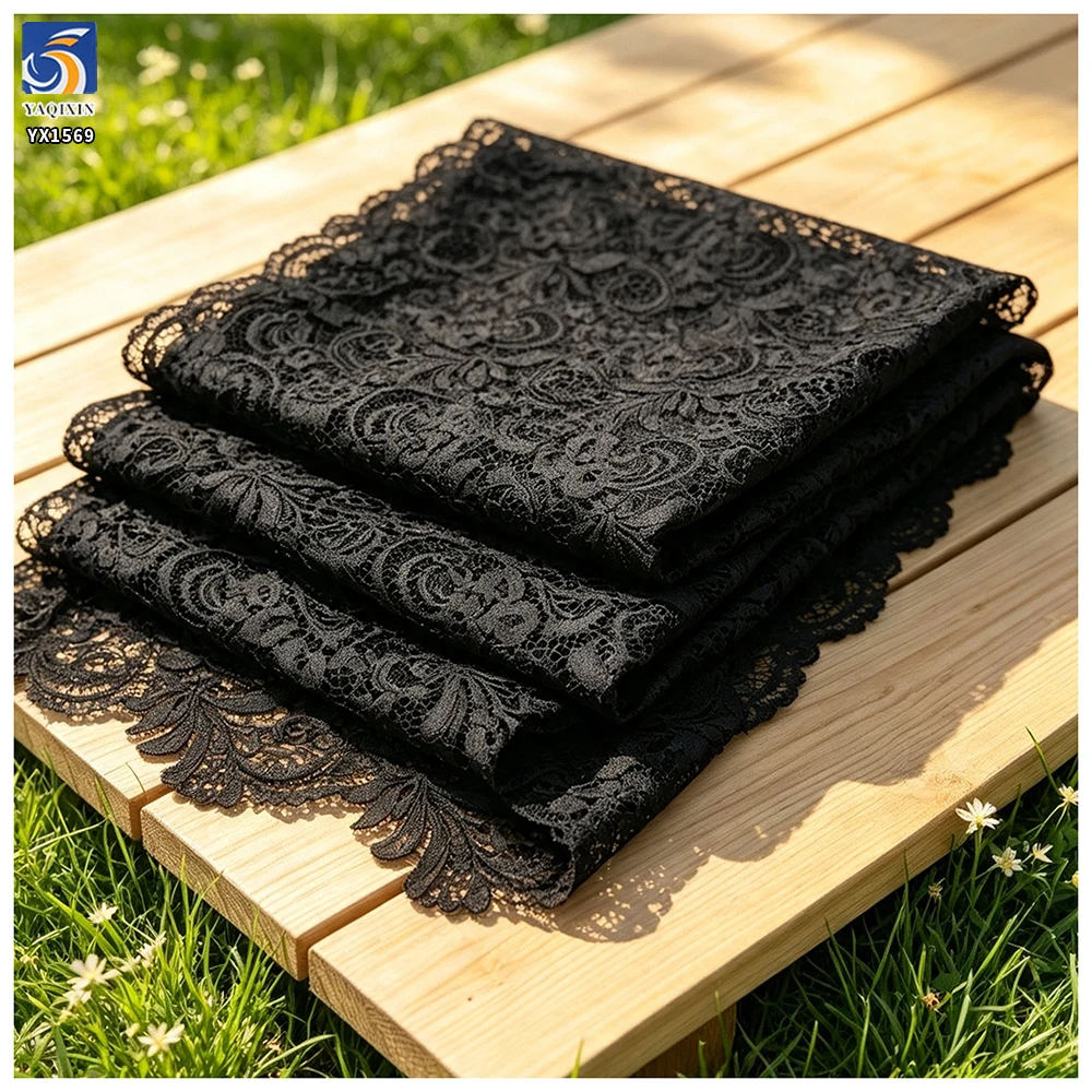 YX1569 Custom Black Floral Water Soluble Lace Fabric for Dresses Garments and Fashion Design - 100% Polyester, 50, 52", Lace...