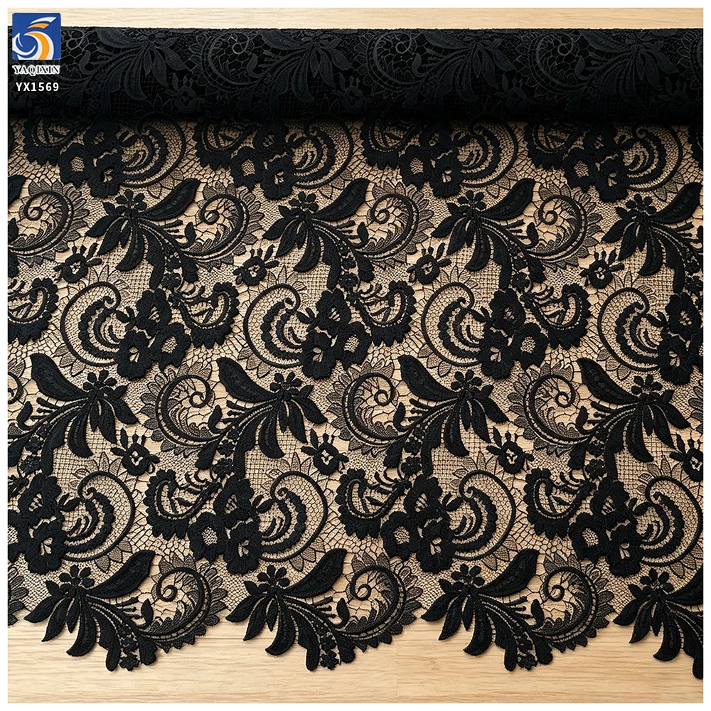 YX1569 Custom Black Floral Water Soluble Lace Fabric for Dresses Garments and Fashion Design - 100% Polyester, 50, 52", Lace...