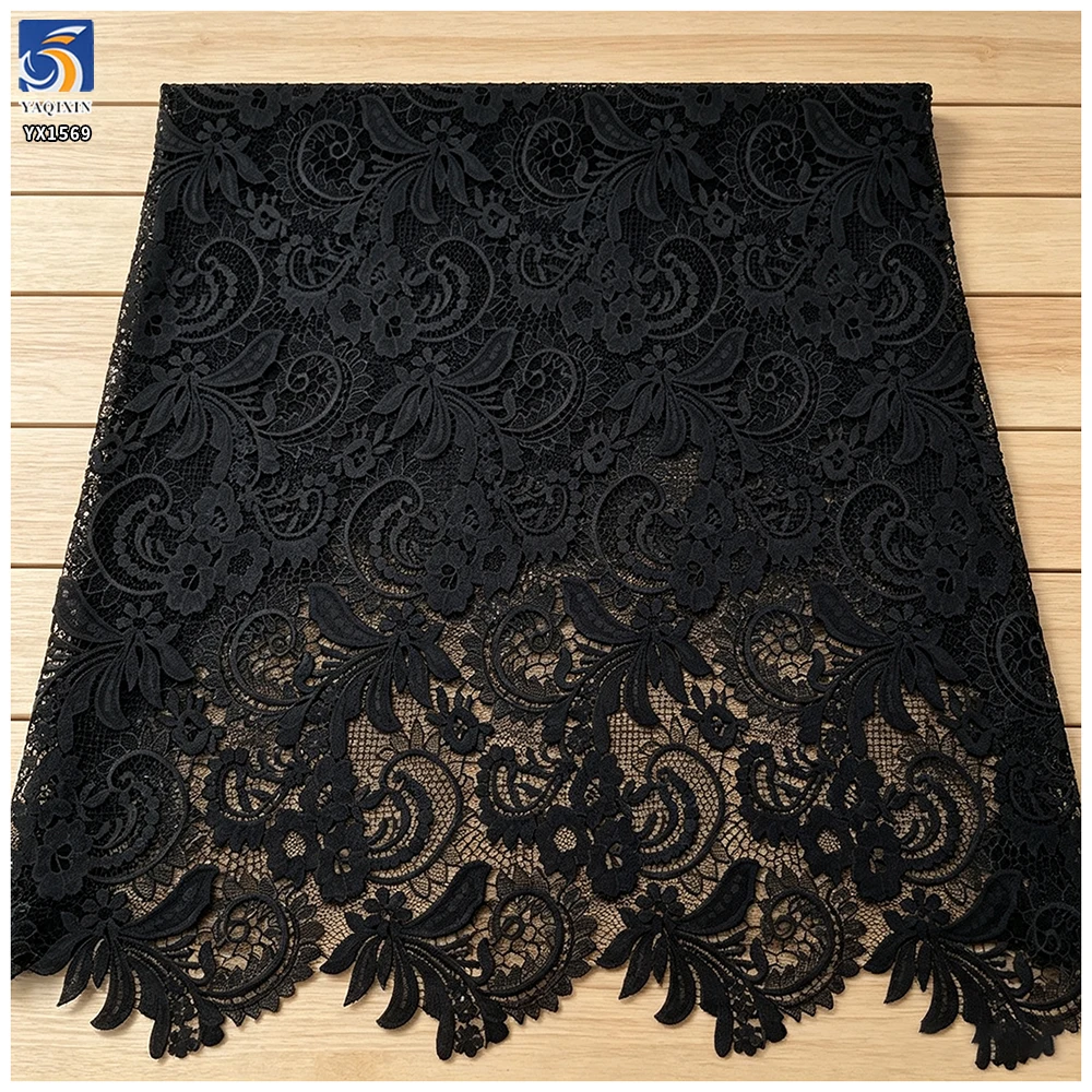 YX1569 Custom Black Floral Water Soluble Lace Fabric for Dresses Garments and Fashion Design - 100% Polyester, 50, 52", Lace...