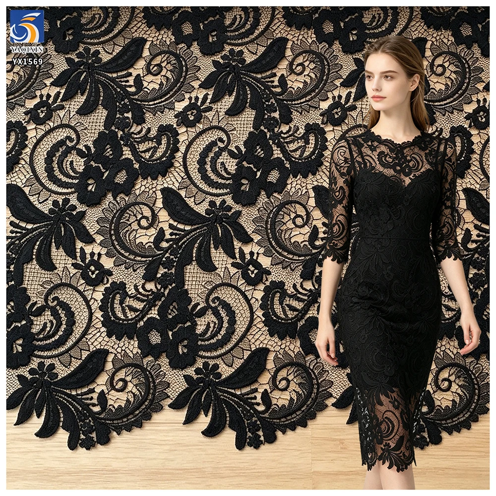 YX1569 Custom Black Floral Water Soluble Lace Fabric for Dresses Garments and Fashion Design - 100% Polyester, 50, 52", Lace...