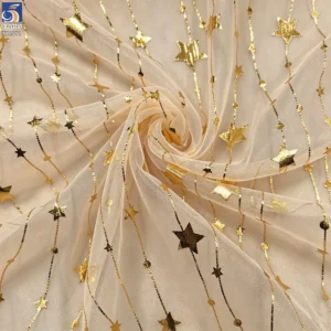 YX1571 100% Polyester Celestial Star Pattern Mesh Fabric Metallic Printed Tulle for Dresses Crafts and Party Decor - 100%...