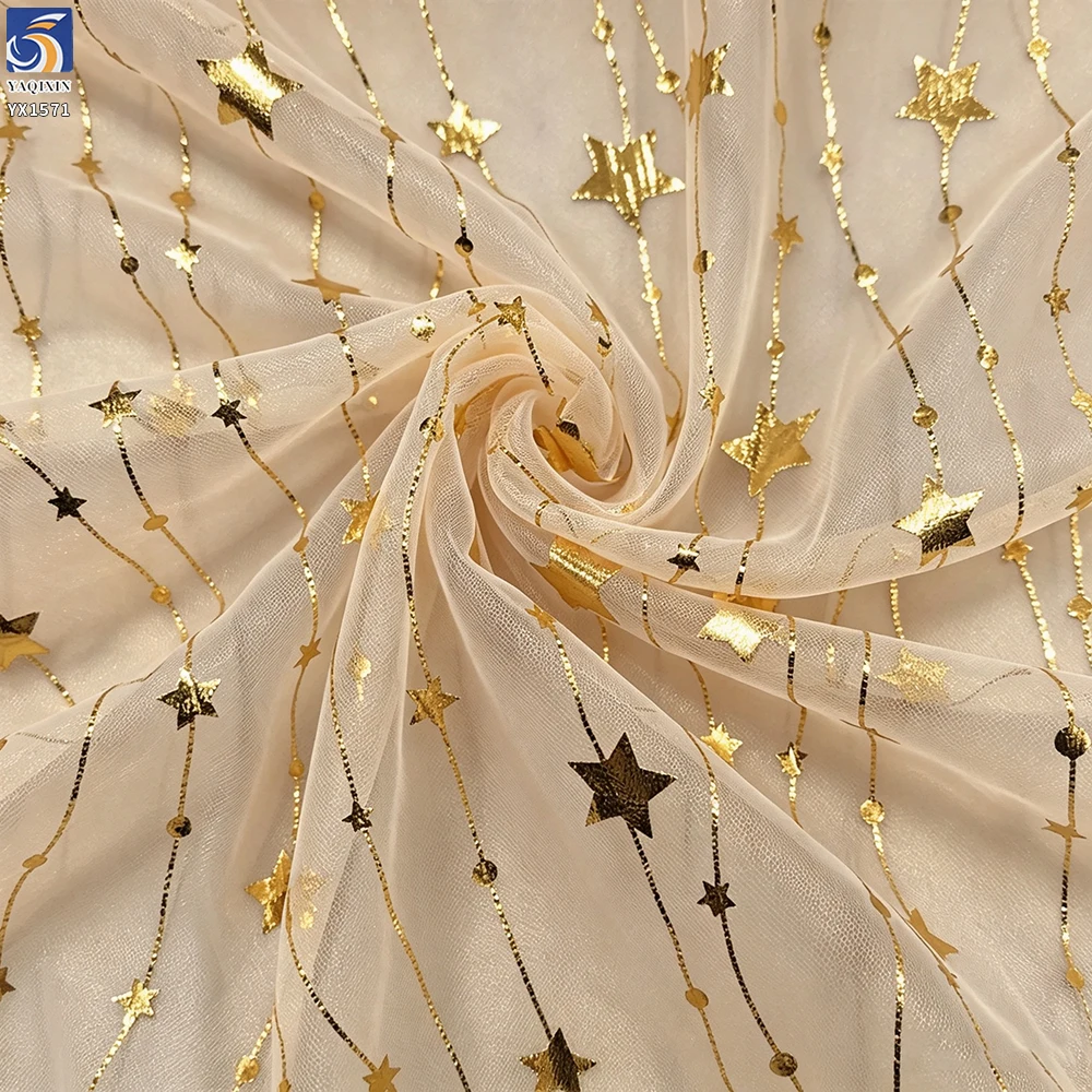 YX1571 100% Polyester Celestial Star Pattern Mesh Fabric Metallic Printed Tulle for Dresses Crafts and Party Decor - 100%...