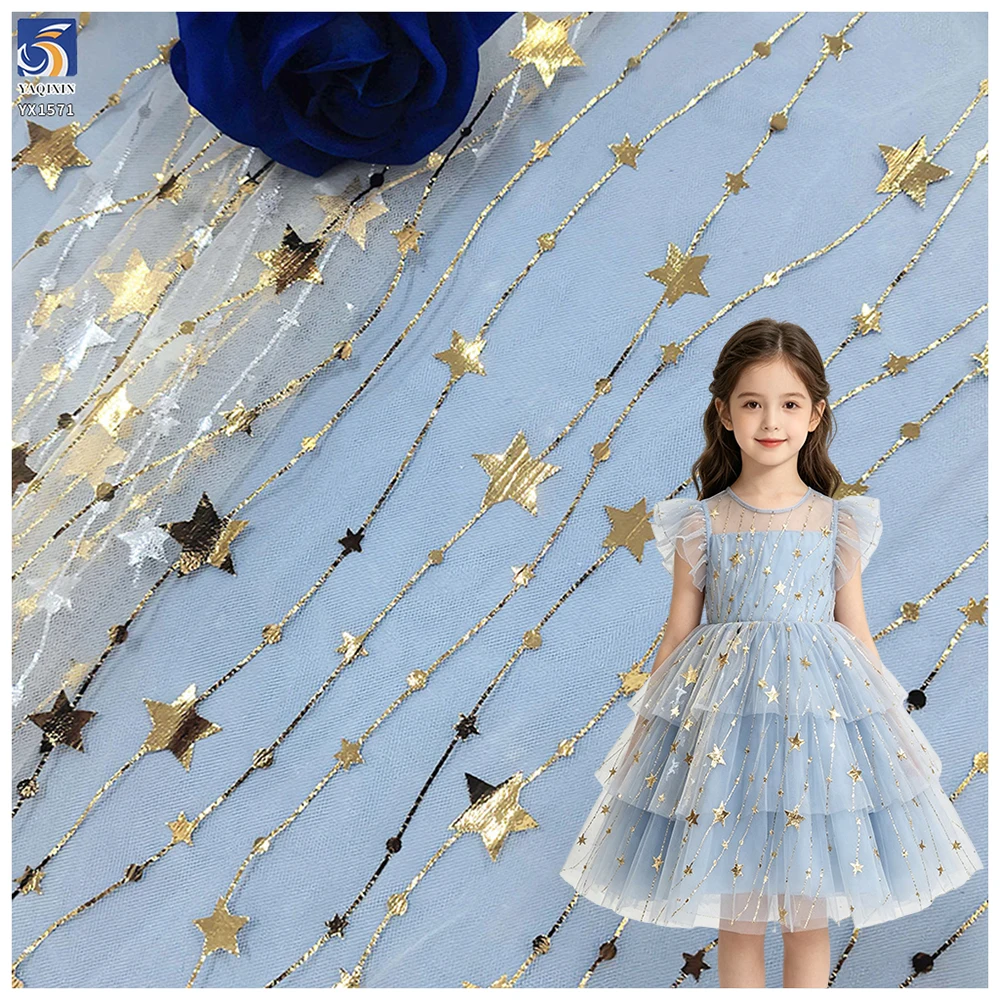 YX1571 100% Polyester Celestial Star Pattern Mesh Fabric Metallic Printed Tulle for Dresses Crafts and Party Decor - 100%...