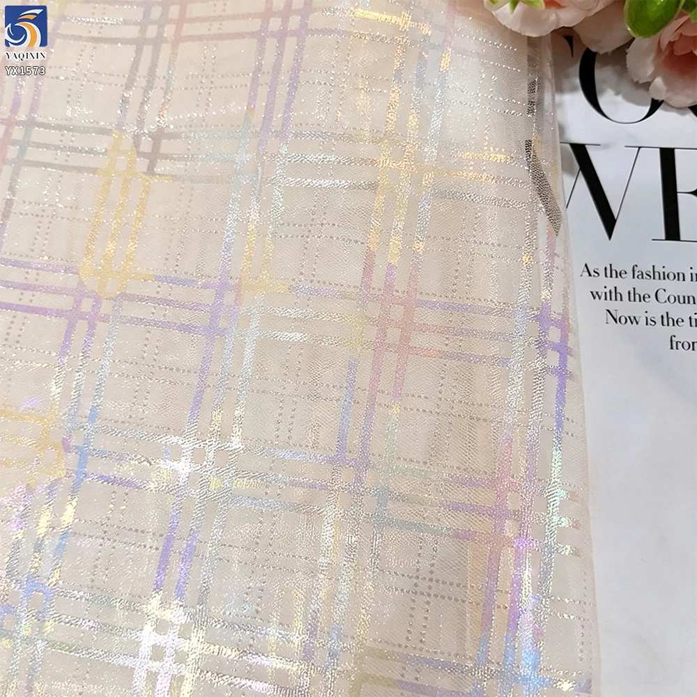 YX1573 Ready to Ship Holographic Printed Tulle Fabric for Dressmaking Garment and Wholesale Supply - 100% Polyester, 35 gsm...