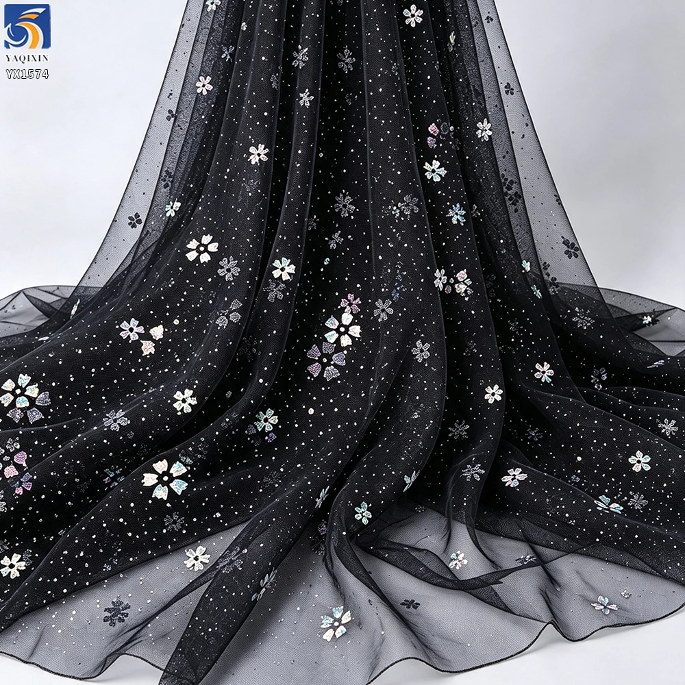 YX1574 Holographic Flower Sequin Glitter Tulle Fabric for Girls Dresses Kids Gowns and Fashion Apparel - 100% Polyester, 35...