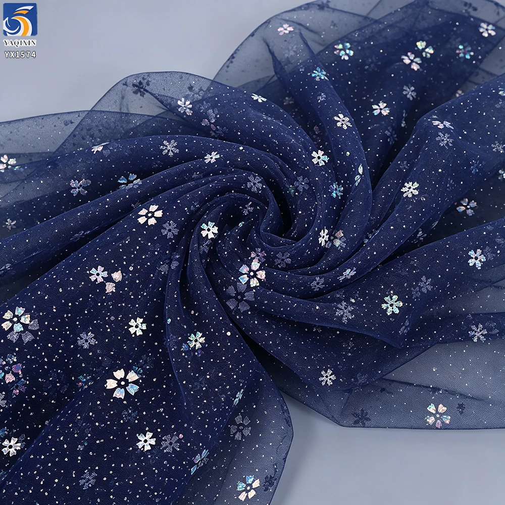 YX1574 Holographic Flower Sequin Glitter Tulle Fabric for Girls Dresses Kids Gowns and Fashion Apparel - 100% Polyester, 35...