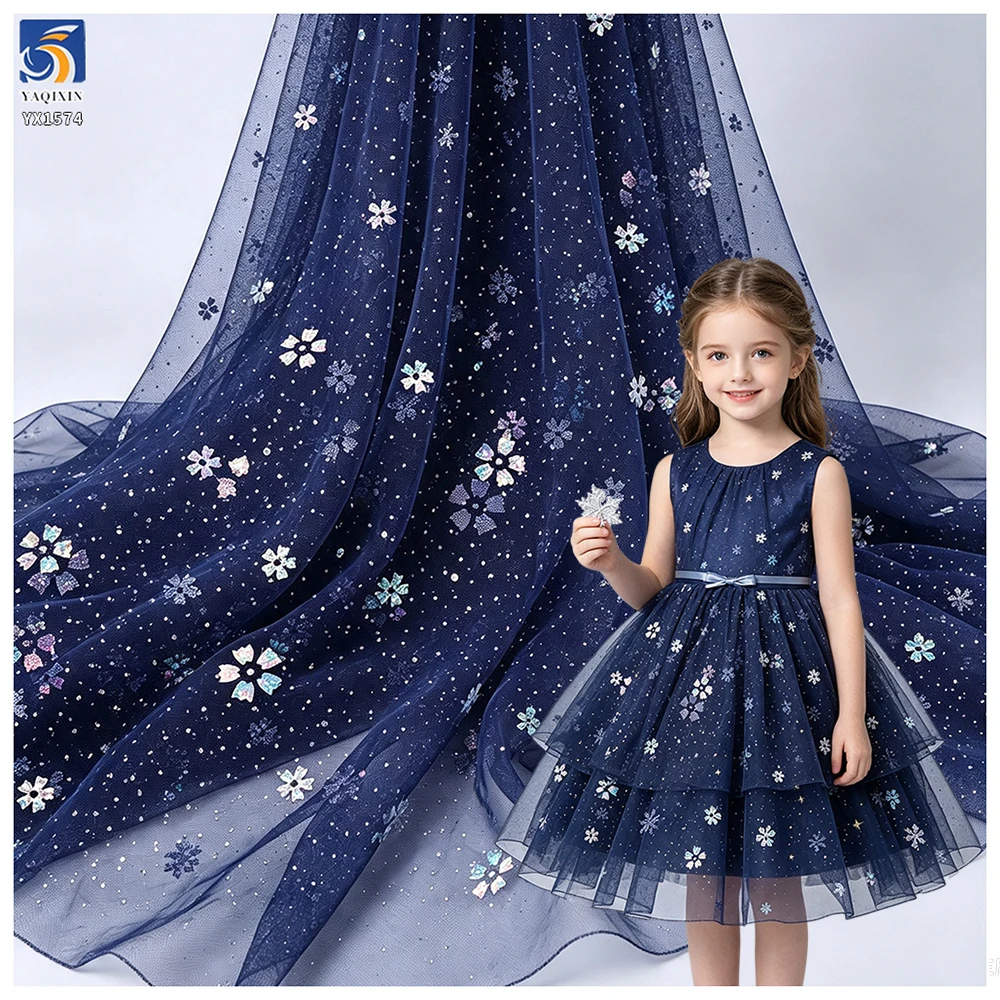 YX1574 Holographic Flower Sequin Glitter Tulle Fabric for Girls Dresses Kids Gowns and Fashion Apparel - 100% Polyester, 35...