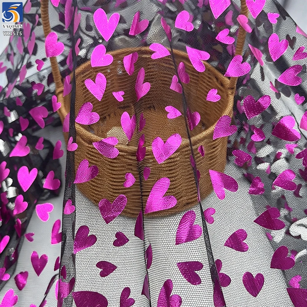 YX1575 Polyester Metallic Valentine Heart Tulle Fabric for Girls Party Dresses Princess Gowns and Kids Fashion Clothing...