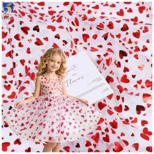 YX1575 Polyester Metallic Valentine Heart Tulle Fabric for Girls Party Dresses Princess Gowns and Kids Fashion Clothing