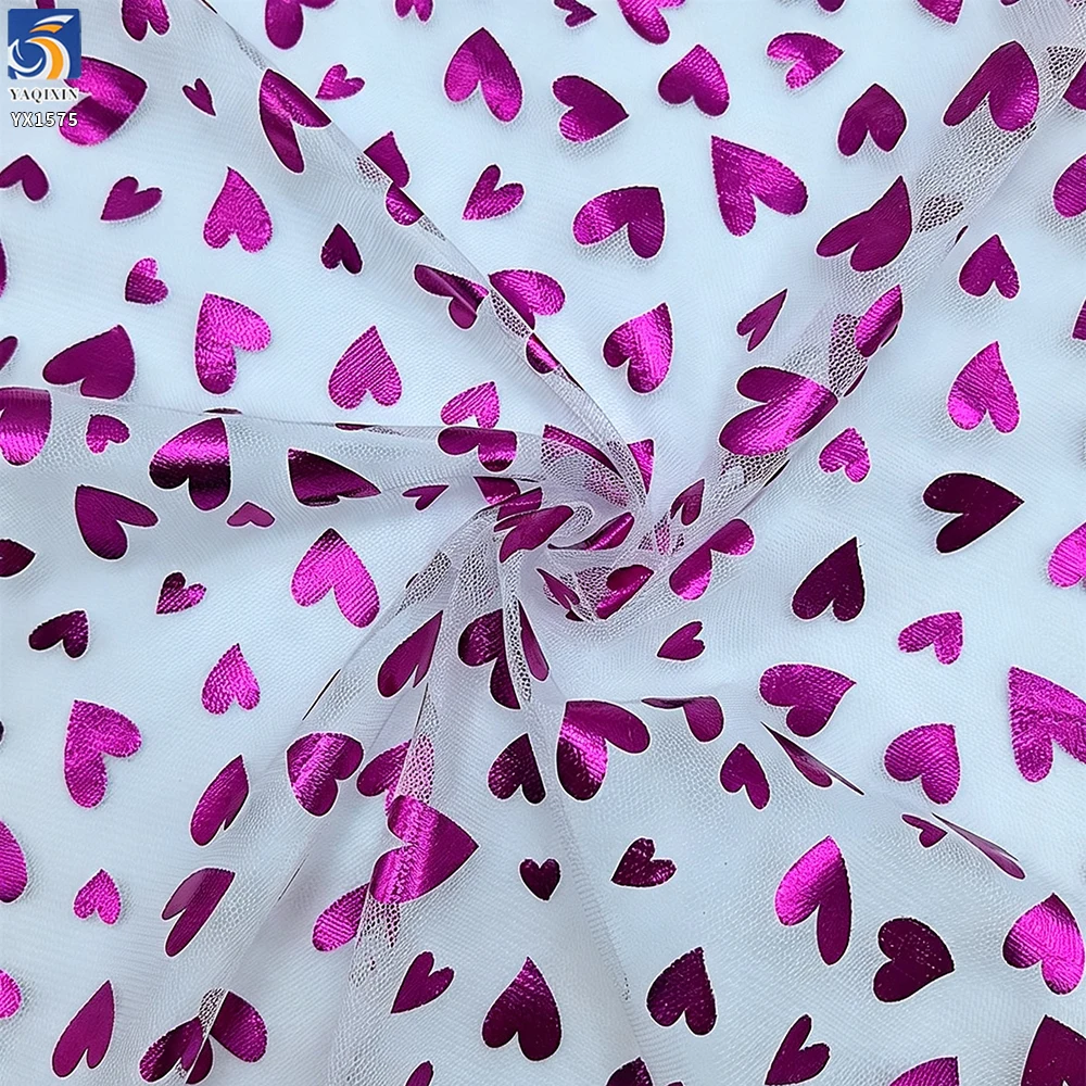 YX1575 Polyester Metallic Valentine Heart Tulle Fabric for Girls Party Dresses Princess Gowns and Kids Fashion Clothing...