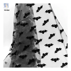 YX195 Custom Stage Costume Cartoon Flocking Tulle Fabric Mesh Black Bat Halloween Festival Polyester Fabric - 100%...