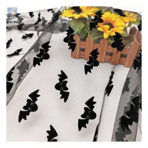 YX195 Custom Stage Costume Cartoon Flocking Tulle Fabric Mesh Black Bat Halloween Festival Polyester Fabric - 100%...