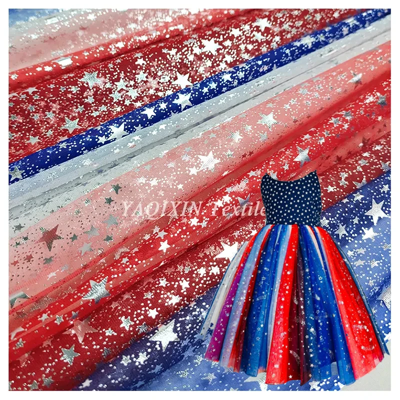 YX2117 American Independence Day Design Fabric Polyester Gradient Rainbow Digital Print Shiny Galaxy Star Tulle Mesh Fabric...