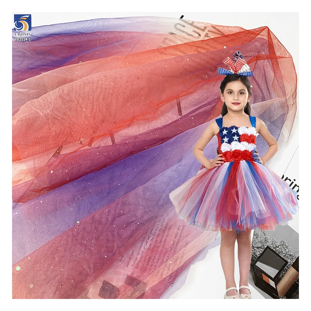 YX2124-1 American Flag Colors Polyester Gradient Digital Print Tulle Fabric 4th of July Mesh Tulle Fabric for Independence...