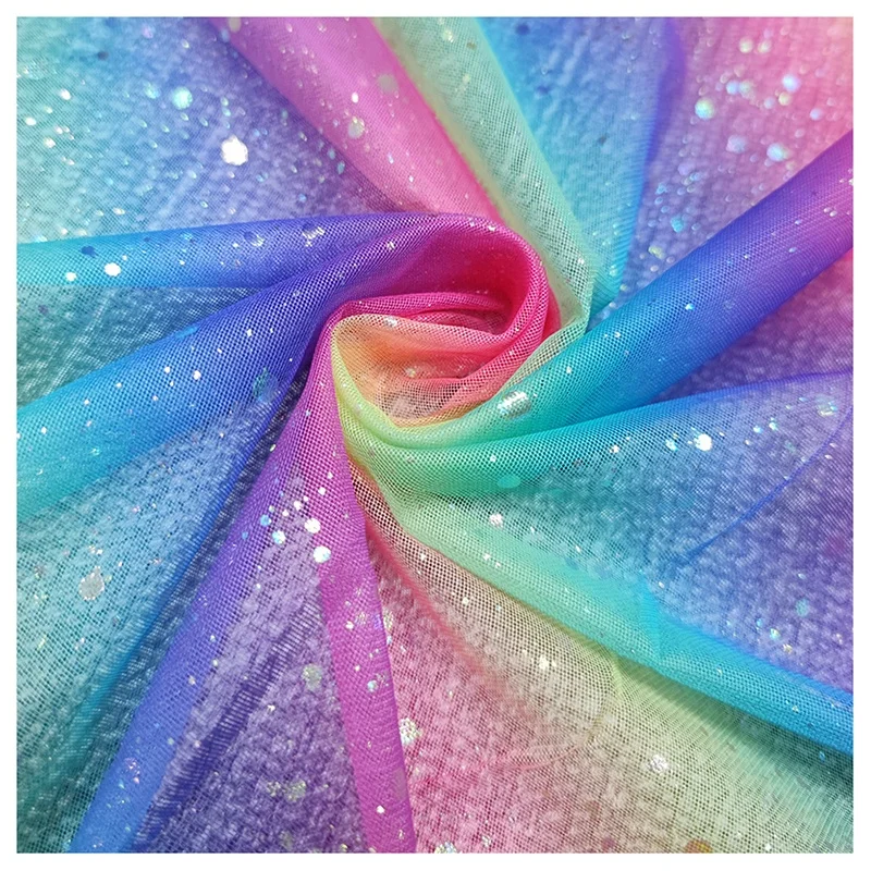 YX2181 Women Dress Rainbow Gradient Glitter Tulle Laces Fabrics for 5 Yards 100 Polyester Mesh Lining Fabric Chinese...